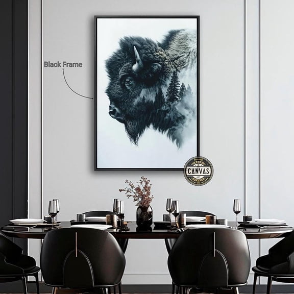 American Buffalo Wall Art Bison And Foggy Forest Double Exposure Art Poster Animal Wall Decor Wildlife Poster Ready To Hang, Stretched Canvas Size 12x18