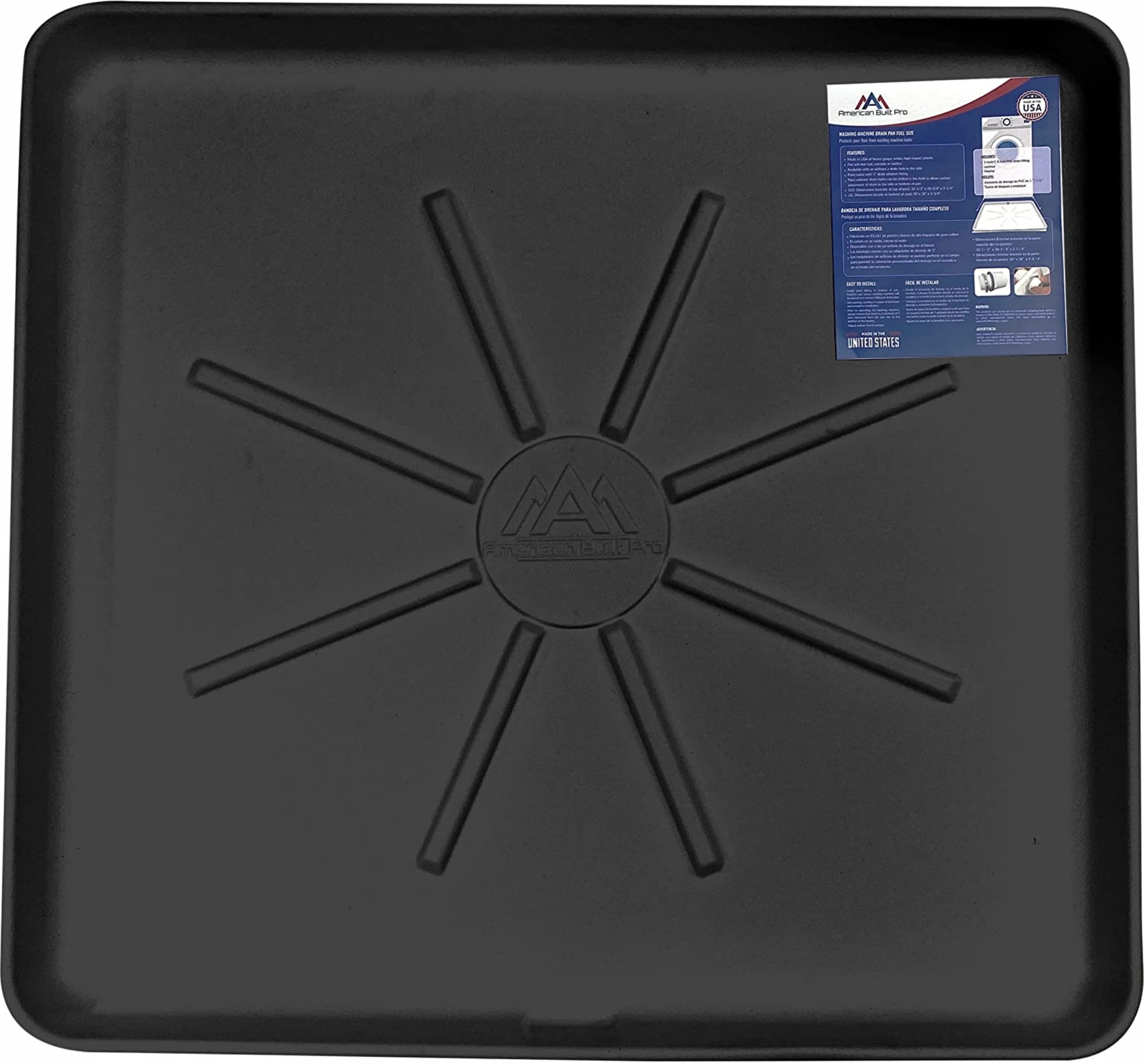 American Built Pro Washing Machine Pan Undrilled Anti Flood Pan Comes With 1" Drain Adapter Fitting Black Color Drain Pan Made of Recycled Plastic Protects Floor From Water Damages - Pack of 1