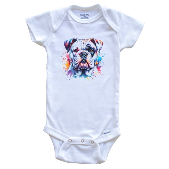 American Bulldog Rainbow Watercolor Portrait Dog Lover Baby Bodysuit - Bulldog Baby Gift, 0-3 months white