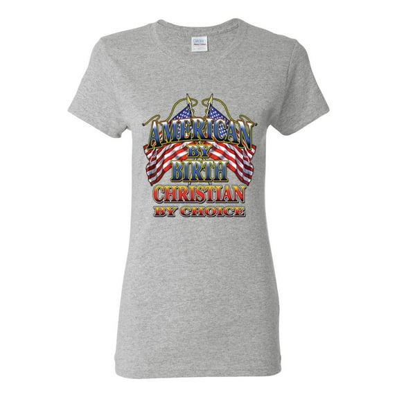 American By Birth Christian By Choice USA Flag Inspirational/Christian Womens Graphic T-Shirt, Heather Grey, Small