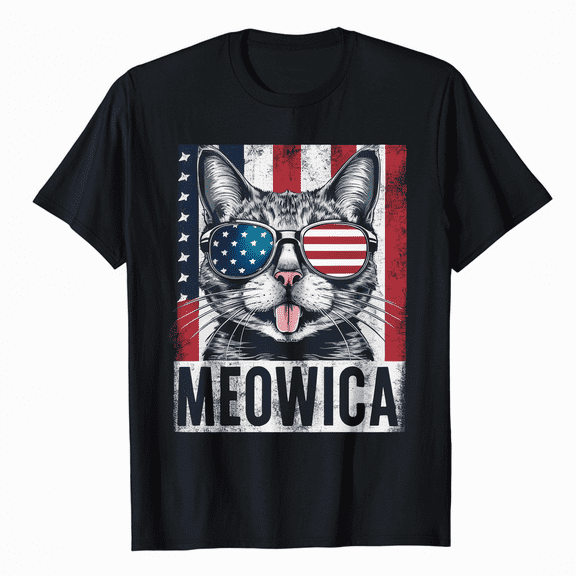 American Cat Graphic Tee Patriotic Kitty USA Flag Shirt