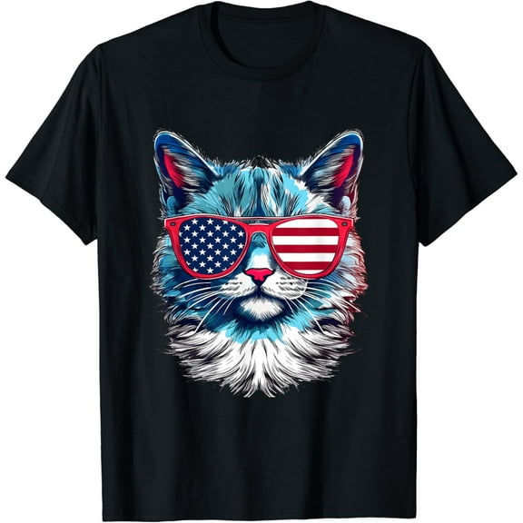 American Cat Sunglasses USA Flag 4th of July Cat Graphic T-Shirt