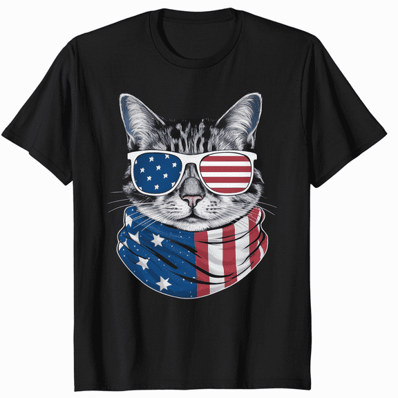 American Cat T-Shirt Patriotic Kitty Graphic Tee USA Flag