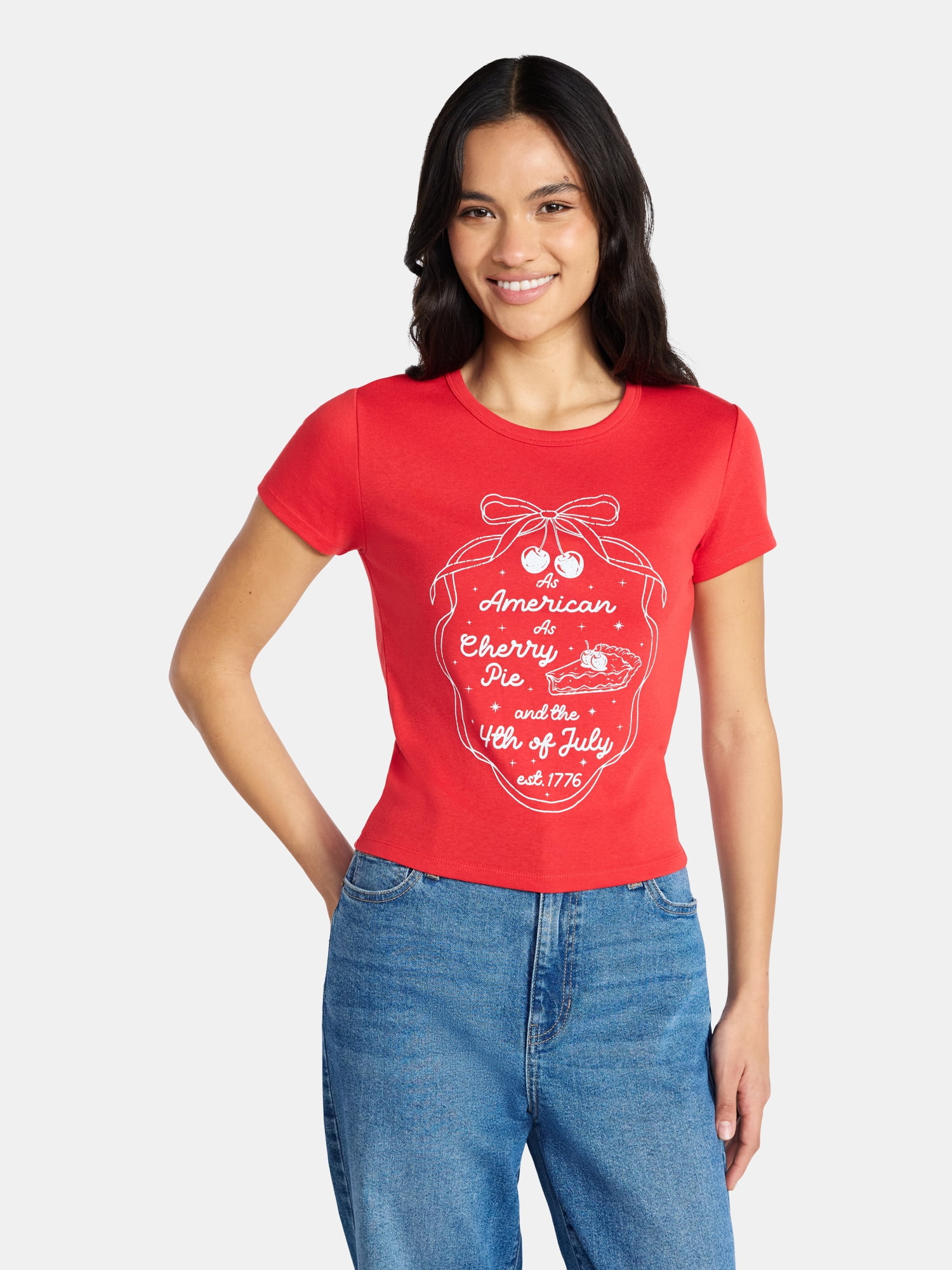 Social Edition Women's American Cherry Pie Graphic Tee with Short Sleeves, Sizes XXS-XXL