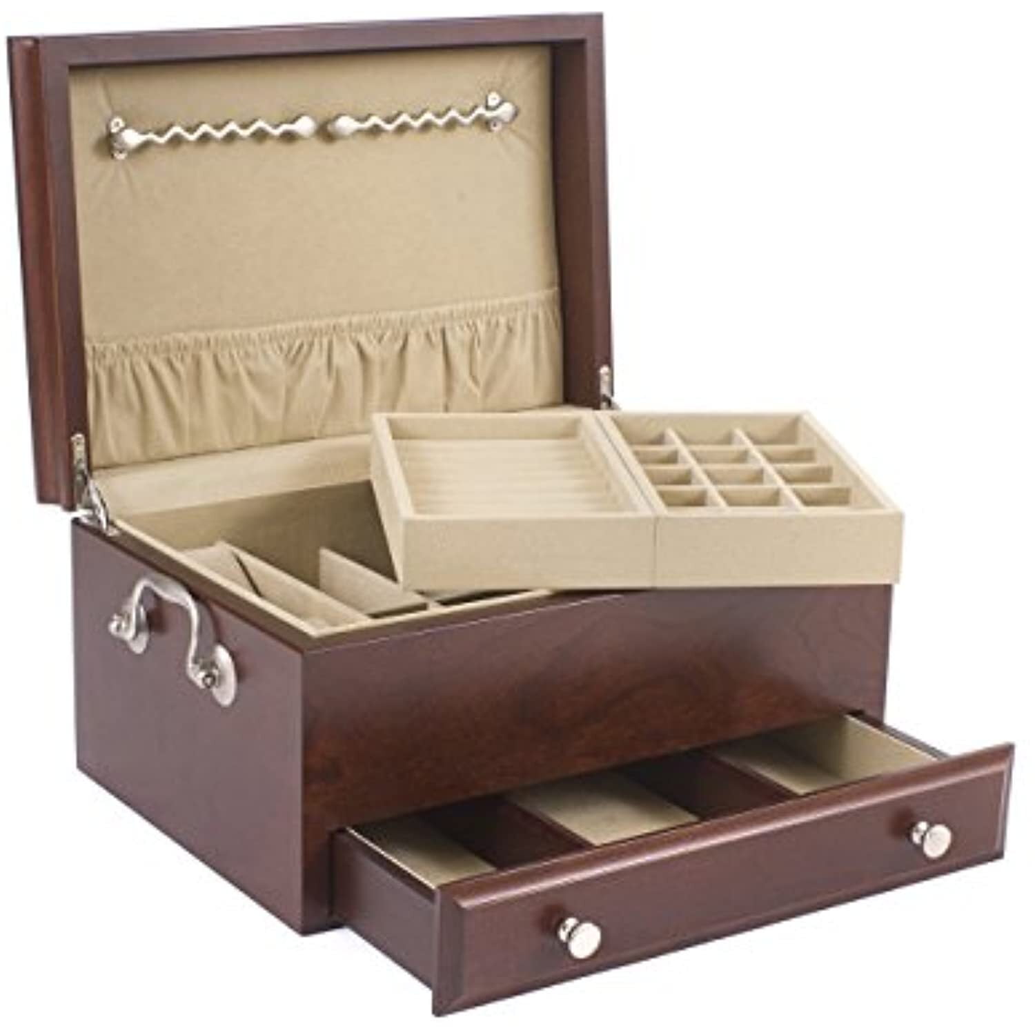 Mahogany Finish Rectangular Wooden Jewelry Box with Drawers