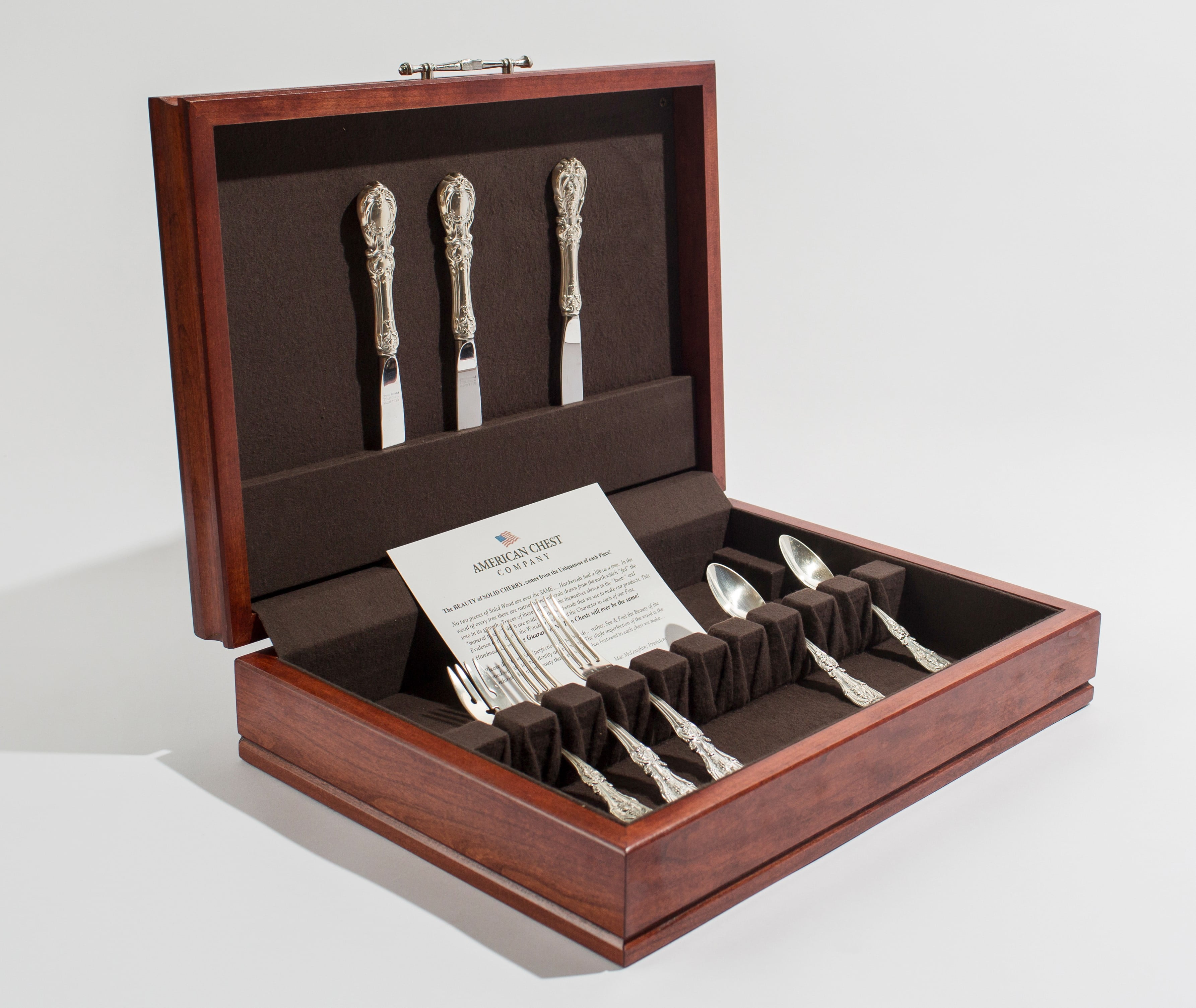 Traditions Flatware Chest, Solid American Cherry Hardwood with Heritage Cherry Finish & Anti-Tarnish Lining. Made in USA by AMISH Craftsmen.
