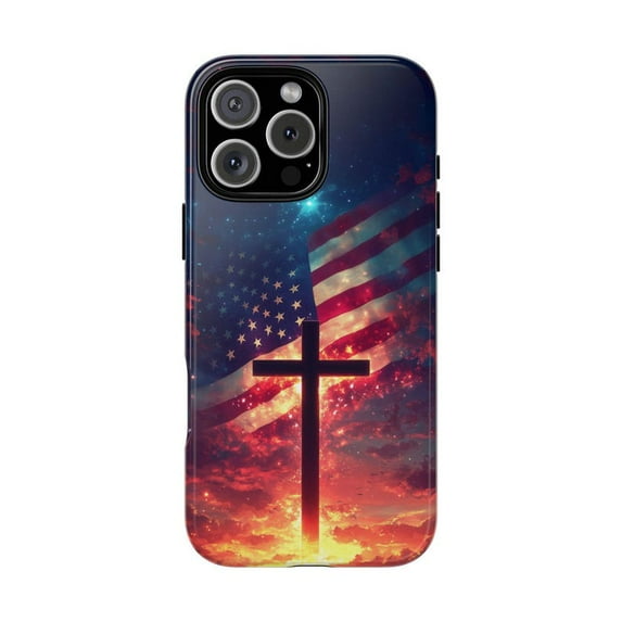 American Christian Cross with USA Flag Sunset Phone Case with iPhone 11 to 17 Pro Max