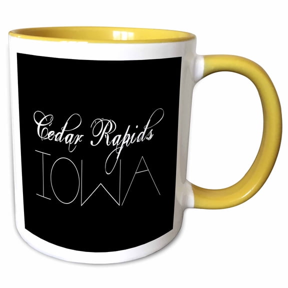 3drose, American Cities. Cedar Rapids, Iowa. White Text on Black, 15oz Two-tone Yellow Mug