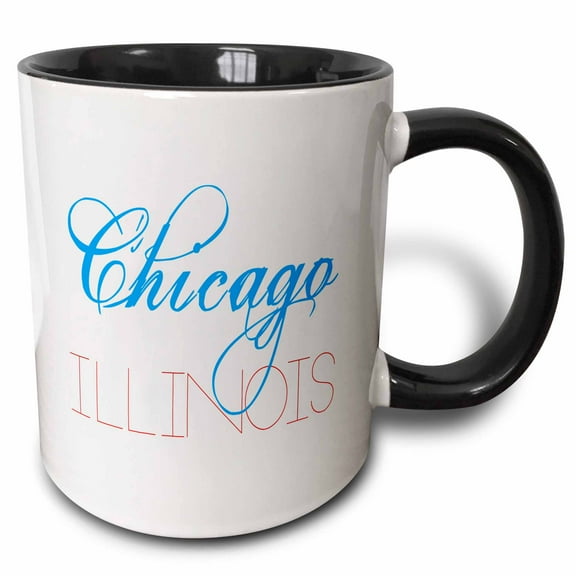 3drose, American Cities. Chicago, Illinois. Blue, Red Text on White, 15oz Two-tone Black Mug