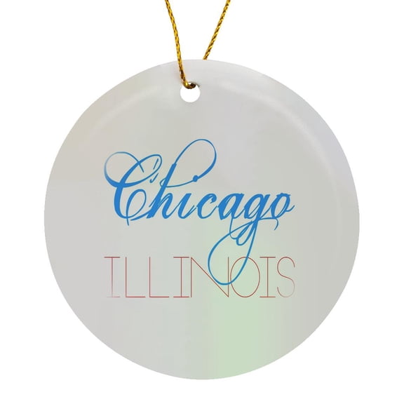 3drose, American Cities. Chicago, Illinois. Blue, Red Text on White, Circle Porcelain Ornament