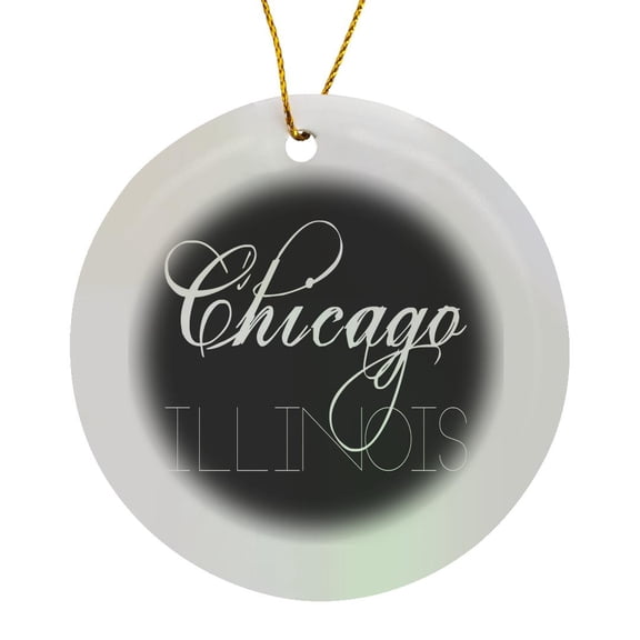 3drose, American Cities. Chicago, Illinois. White Text on Black, Circle Porcelain Ornament
