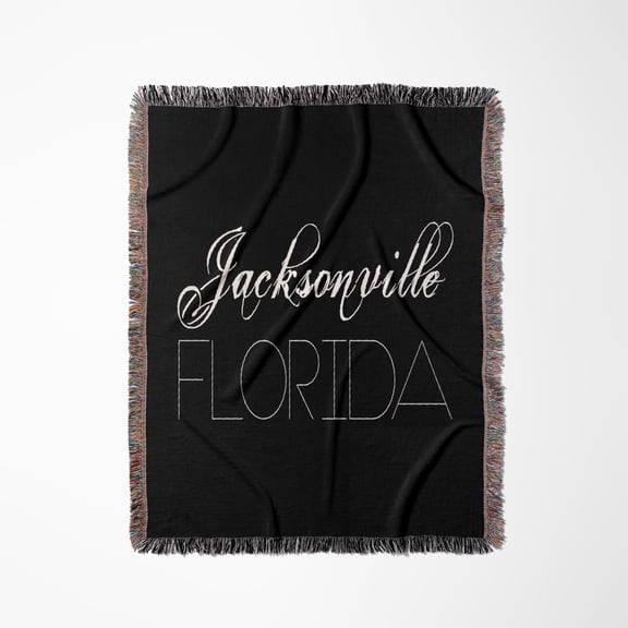 American Cities - Jacksonville Florida, White On Black, Woven Blanket