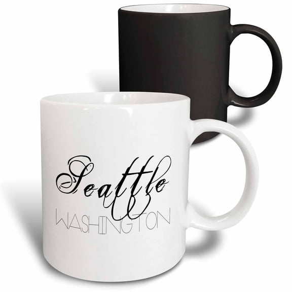 3drose, American Cities - Seattle Washington Black Text on White Background, 11oz Magic Transforming Mug