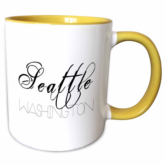 3drose, American Cities - Seattle Washington Black Text on White Background, 11oz Two-tone Yellow Mug