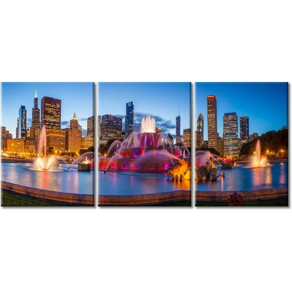 American City Wall Art - 3 Panels Extra Large Chicago City Canvas Print, Large Chicago Night City Skyline Wall Art Canvas Print, Chicago Buckingham Fountain Pictures Print on Canvas - 12"x16"x3 Panels