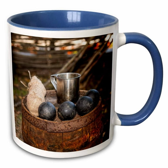 3drose, American Civil War Era. Four Cannon Balls, a Mug on an Old Powder Keg, 15oz Two-tone Blue Mug