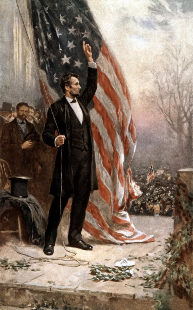 American Civil War painting of President Abraham Lincoln holding the American flag Canvas Art - John ParrotStocktrek Images (11 x 18)