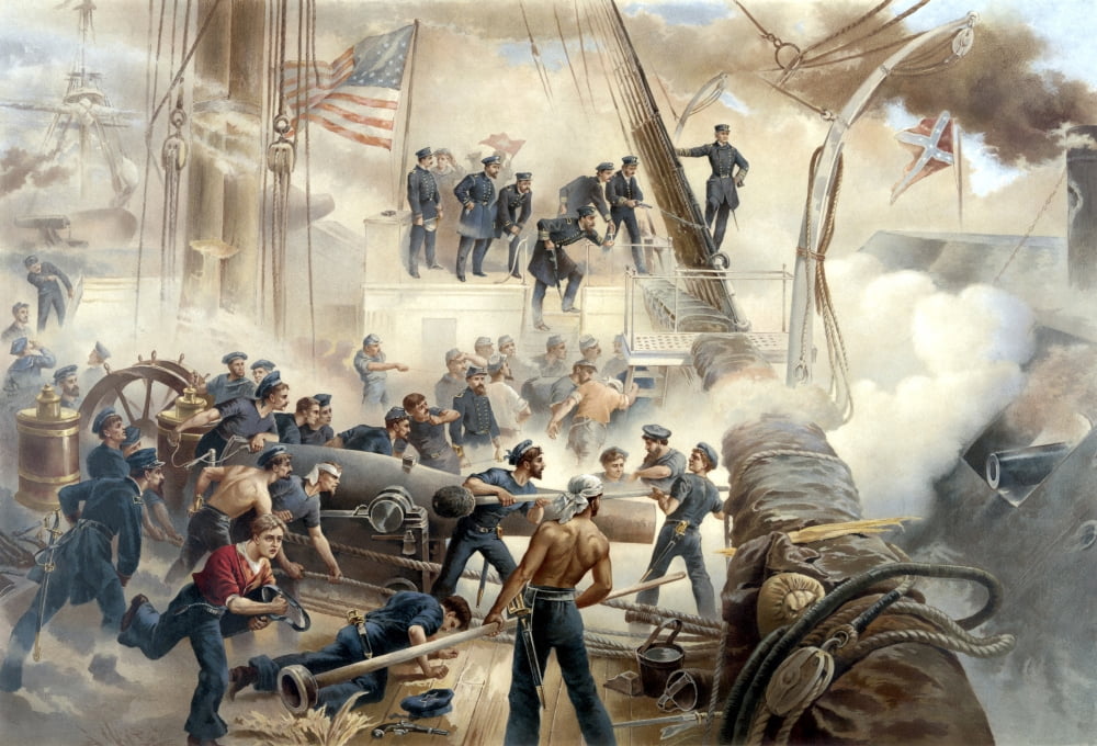 American Civil War print showing a battle between Union and Confederate ships Canvas Art - John ParrotStocktrek Images (34 x 24)