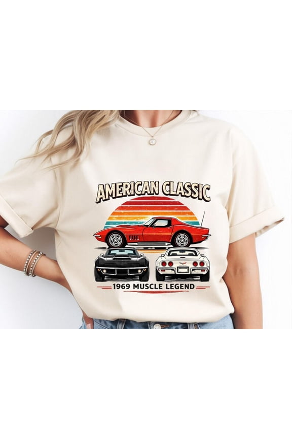 American Classic 1969 Muscle Legend Corvette Vintage Muscle Car Retro Sunset Automotive Graphic Tee Comfort Colors Unisex Cotton T-Shirt, Sizes S-3XL