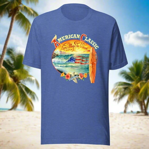 American Classic Beach T-Shirt Vintage Longboard Surf Patriotic Tee