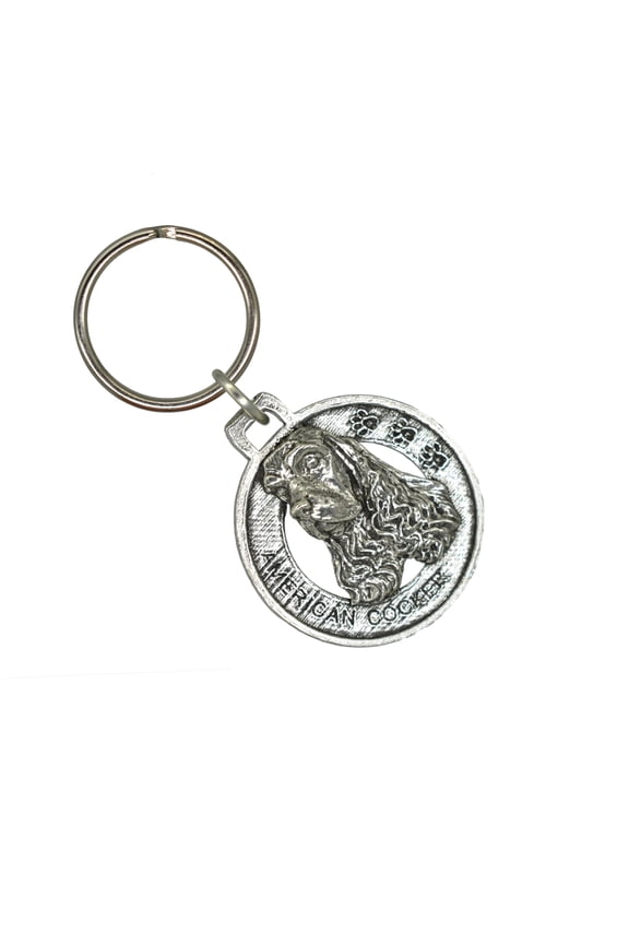 American Cocker Spaniel Keychain, Merry Cocker, Dog, Canine, AKC, Pewter, Keys, Key Fob, Key Chains, Over 100 Dog Designs Available, Made in the USA, Creative Pewter Designs. D008KC