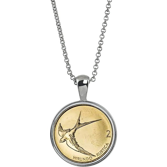 American Coin Treasures Barn Swallow Coin Necklace- Genuine Solvenia Coin Silvertone Pendant with Round Bezel, Bird in Flight Medallion Pendant , 18 Inch Cable Chain with 3 Inch Extender