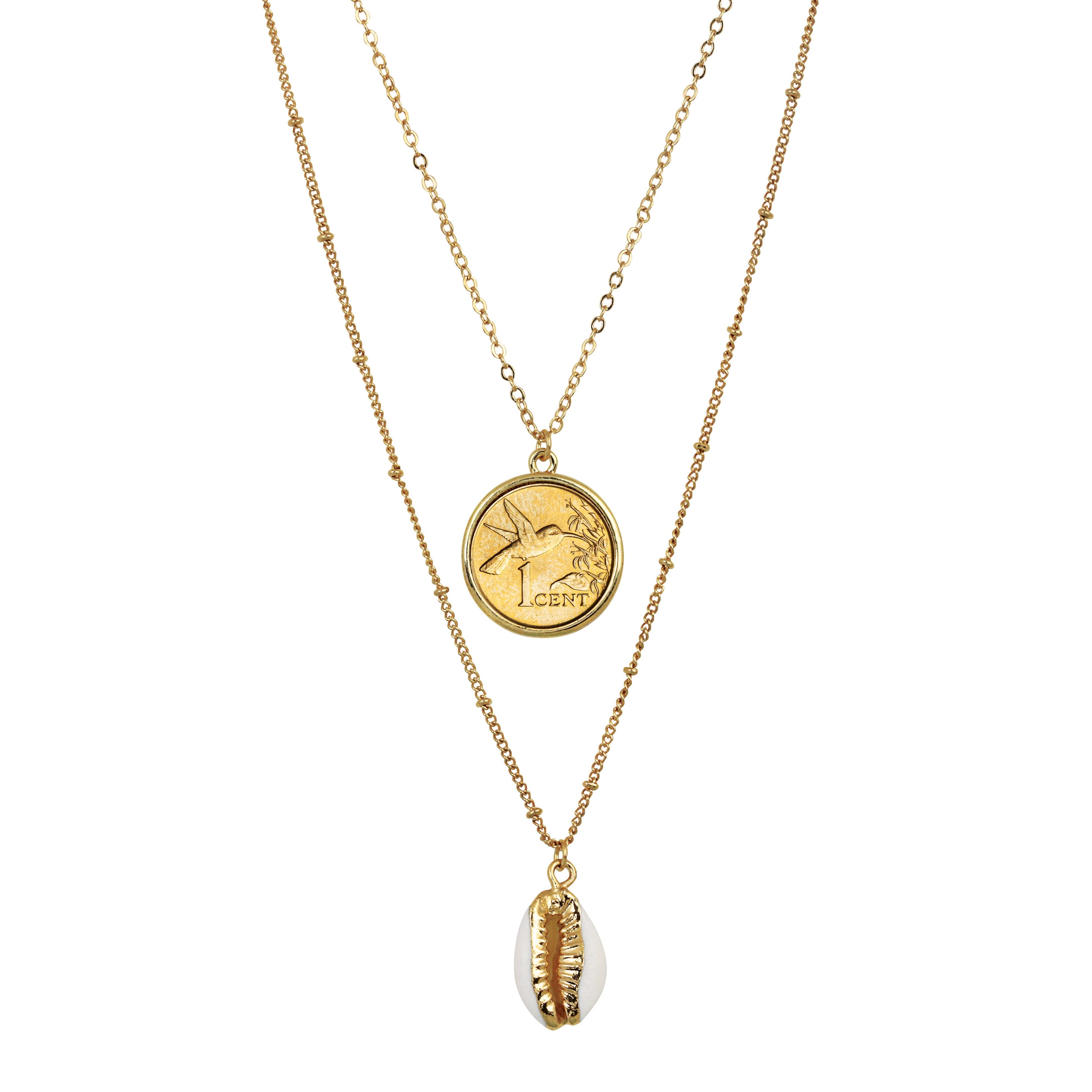 American Coin Treasures Double Chain Necklace Hummingbird Coin Pendant With Cowrie Shell