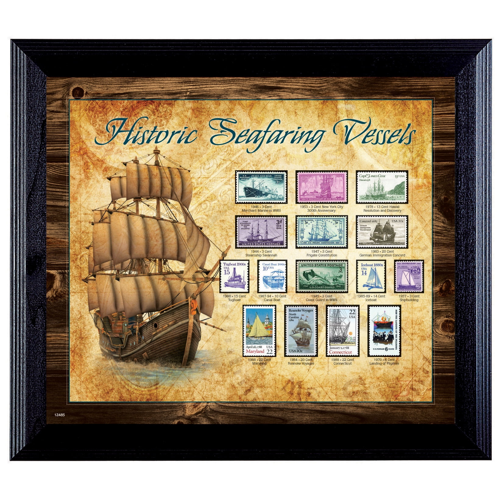 Historic Seafaring Vessels Mint Stamp Collection in Black Wood Frame