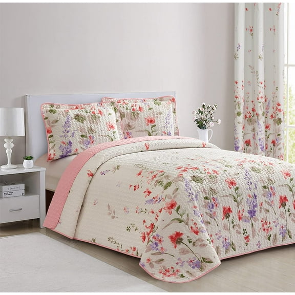 All American Collection 3 PC Floral Printed Coral and Beige Reversible Bedspread Quilt Set Coverlet and Pillow Sham Set Full / Queen Size, Coral & Beige