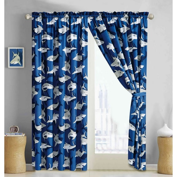 All American Collection Children's Curtain Set | Matching 3-Piece Comforter Set with Furry Toy Cushion and Sheets Sets Available for Separately! (Curtain Set, Shark)