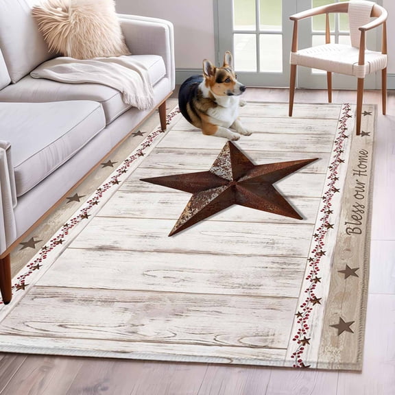 American Country Area Rug 4x6 FT, Non Slip Kids Room Carpet, Farmhouse Barn Star Brown Berry Washable Soft Floor Carpet Non-Shedding Throw Rug for Dorm Kitchen Study Room Home Office Bedside