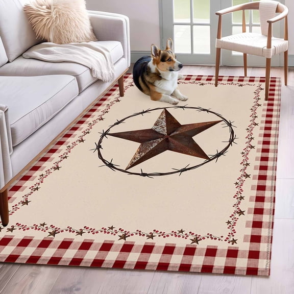 American Country Area Rugs 3x5 ft Star Farmhouse Beige Red Buffalo Plaid Washable Rug Non Slip Indoor Carpet Absorbent Floor Mat for Living Room Bedroom Dining Room