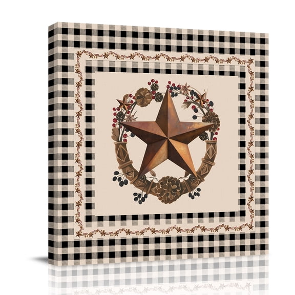 American Country Canvas Wall Art for Living Room, Rusty Star Berries Vine Wreath Black Beige Plaid Poster Print Painting for Bedroom Office Home Decoration Wall Pictures Prepare To Hang 8"x8"