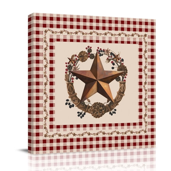 American Country Canvas Wall Art for Living Room, Rusty Star Berries Vine Wreath Red Beige Plaid Poster Print Painting for Bedroom Office Home Decoration Wall Pictures Prepare To Hang 8"x8"