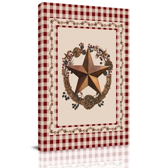 American Country Canvas Wall Art for Living Room, Rusty Star Berries Vine Wreath Red Beige Plaid Wall Decor Framed Artwork Pictures Ready to Hang for Bedroom Office Home Decor