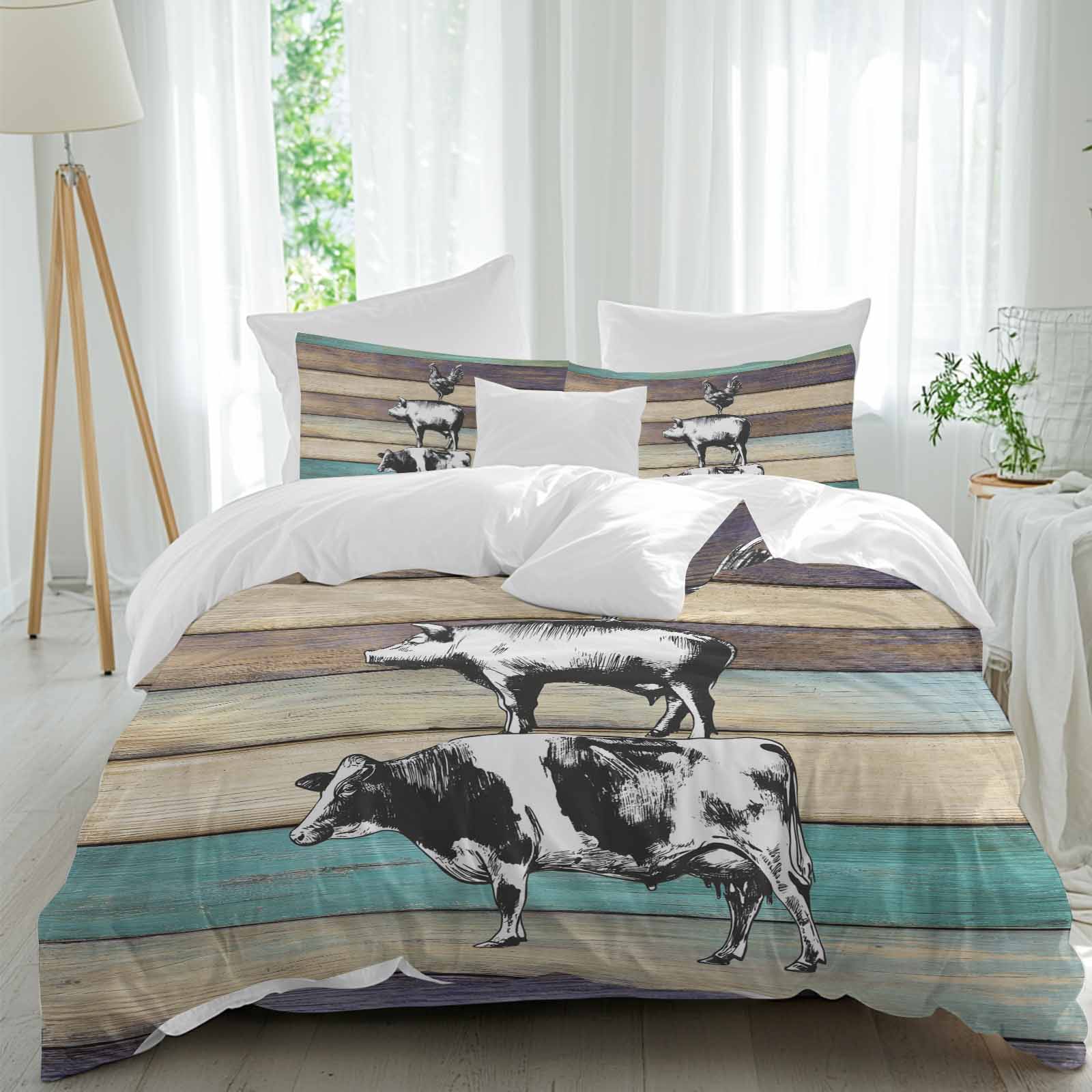 American Country Duvet Cover Set Queen Size, Farm Animal Vintage Wood ...