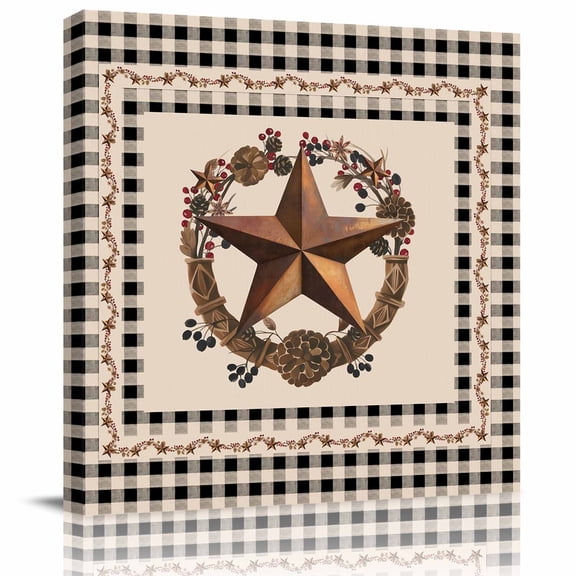 American Country Framed Canvas Wall Art, Rusty Star Berries Vine Wreath Black Beige Plaid Wall Art Painting for Living Room Bedroom Home Decor, 8”x8”, Office Artwork Print