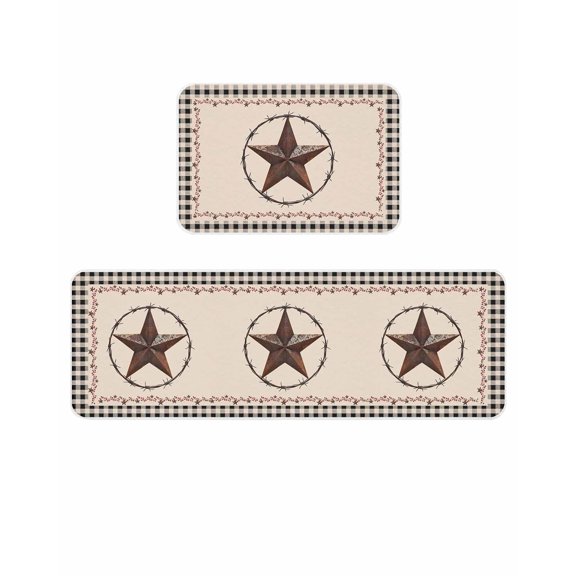 American Country Kitchen Mats for Floor 2 Piece, Star Farmhouse Beige Black Buffalo Plaid Absorbent Non-Slip Kitchen Rugs Comfort Standing Mat for Laundry, Hallways 20"x24"+20"x48"