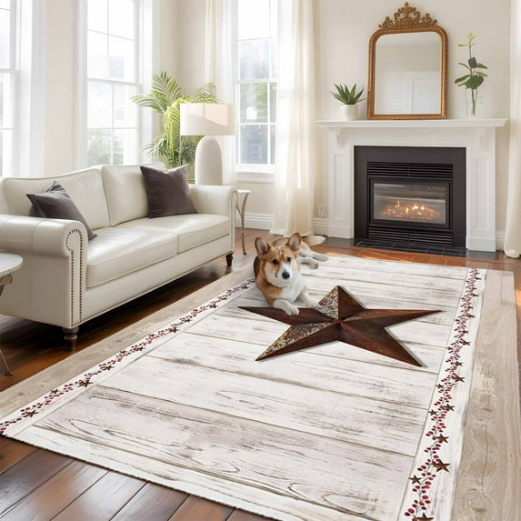 American Country Large Area Rugs 6x9 ft Star Berry Farmhouse Retro Beige Wood Grain Washable Rug Non Slip Indoor Carpet Absorbent Floor Mat for Living Room Bedroom Dining Room