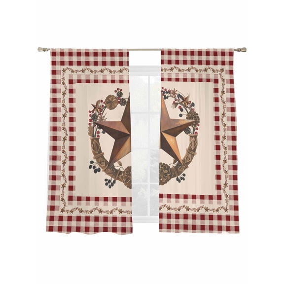 American Country Sheer Curtains 63 Inch Long 2 Panels, Rusty Star Berries Vine Wreath Red Beige Plaid Light Filtering Rod Pocket Curtains, Sheer Voile Drapes for Living Room Bedroom, 52"x63"