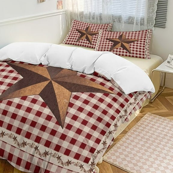 American Country Star Retro Red Checked Plaid Duvet Cover Set Bedding Set Polyester Quilt Cover for Bedroom Decoration