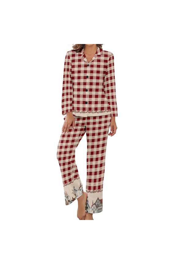 American Country Star Retro Red Checked Plaid Printed Pajama Set for Couples, Women Men Long Sleeved Comfortable Home Clothes, Oversized