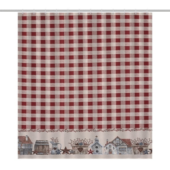 American Country Star Retro Red Checked Plaid Shower Curtain Modern Home Bathroom Bathtub Decor Waterproof Fabric with Hooks