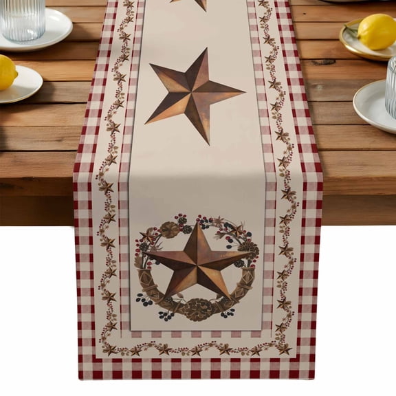American Country Table Runner, Rusty Star Berries Vine Wreath Red Beige Plaid Washable Kitchen Table Runners Dress Scarves for Dining Table Decorations Party, 13x36in