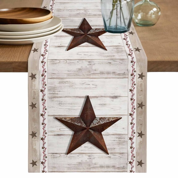 American Country Table Runner, Star Khaki Wood Board Bless Our Home Cotton Linen Kitchen Table Decoration Washable Dining Tabletop Runners for Home Party Decor 13x36 Inches