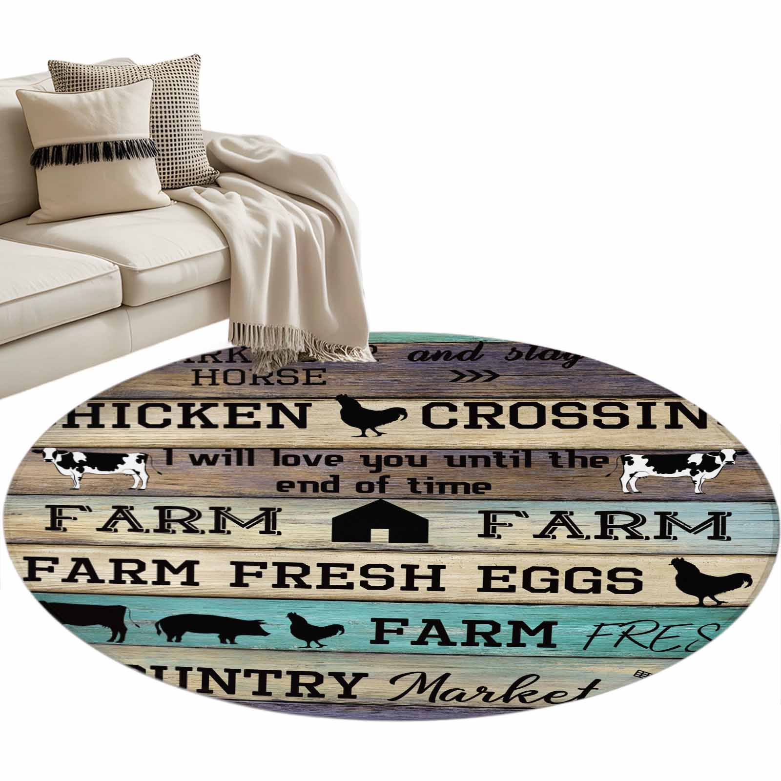 Text On Rug American Country Text Round Area Rug 4ft Farm Animal Vintage Wood Grain ...