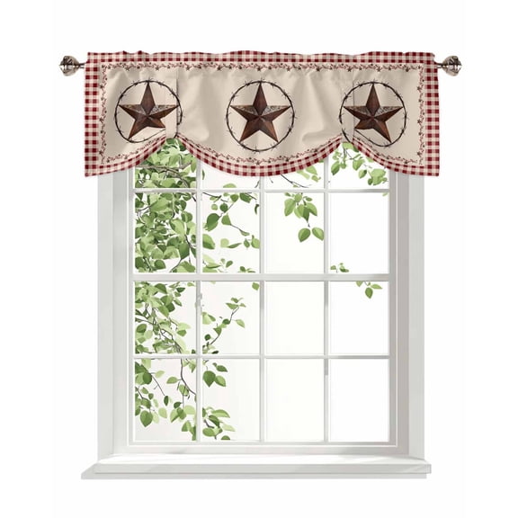 American Country Tie Up Valances Curtain, Adjustable Kitchen Star Farmhouse Beige Red Buffalo Plaid Valances for Windows Decor, Rod Pocket Short Curtains Set for Bedroom/Bathroom, 54"x18"