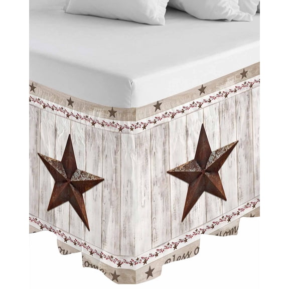 American Country Wrap Around Bed Skirts for California King Bed 16" Drop,Bed Skirt with Adjustable Elastic Belt Dust Ruffle Bed Valance for Bedroom Farmhouse Barn Star Brown Berry Bed Frame Cover