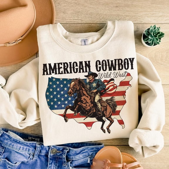American Cowboy USA Map Sweatshirt, Retro Western 4th of July Pullover, Wild West Patriotic Independence Day Shirt BTO