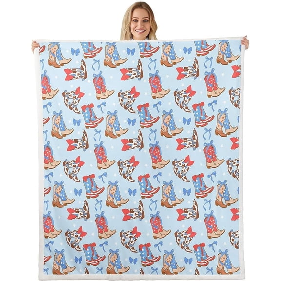 American Cowgirl Blue Flannel Blanket,Princess Red Blue Bowknots Starry Fuzzy Blanket Bed Blanket,Western Cowboy Boots Rustic Brown Cowhide Plush Blanket Soft Warm Bed,Throw 50 x 60